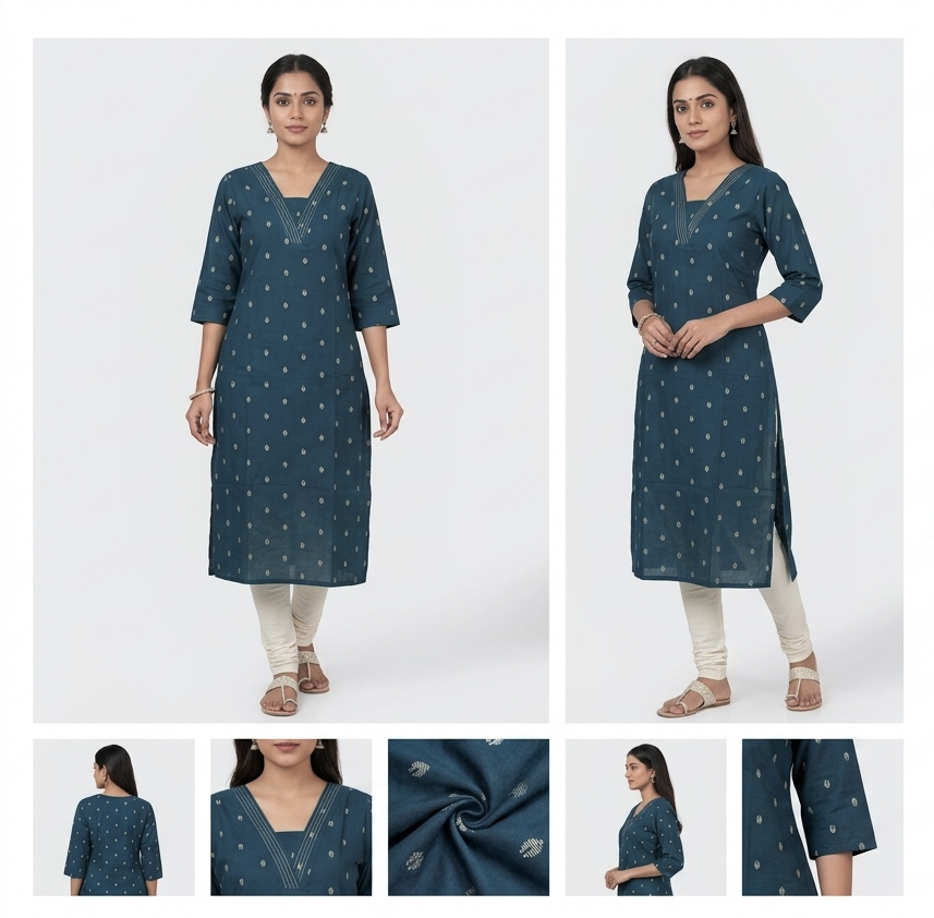 Navy Blue Printed Cotton Churidar Top for Women | Elegant V-Neck Kurti Top
