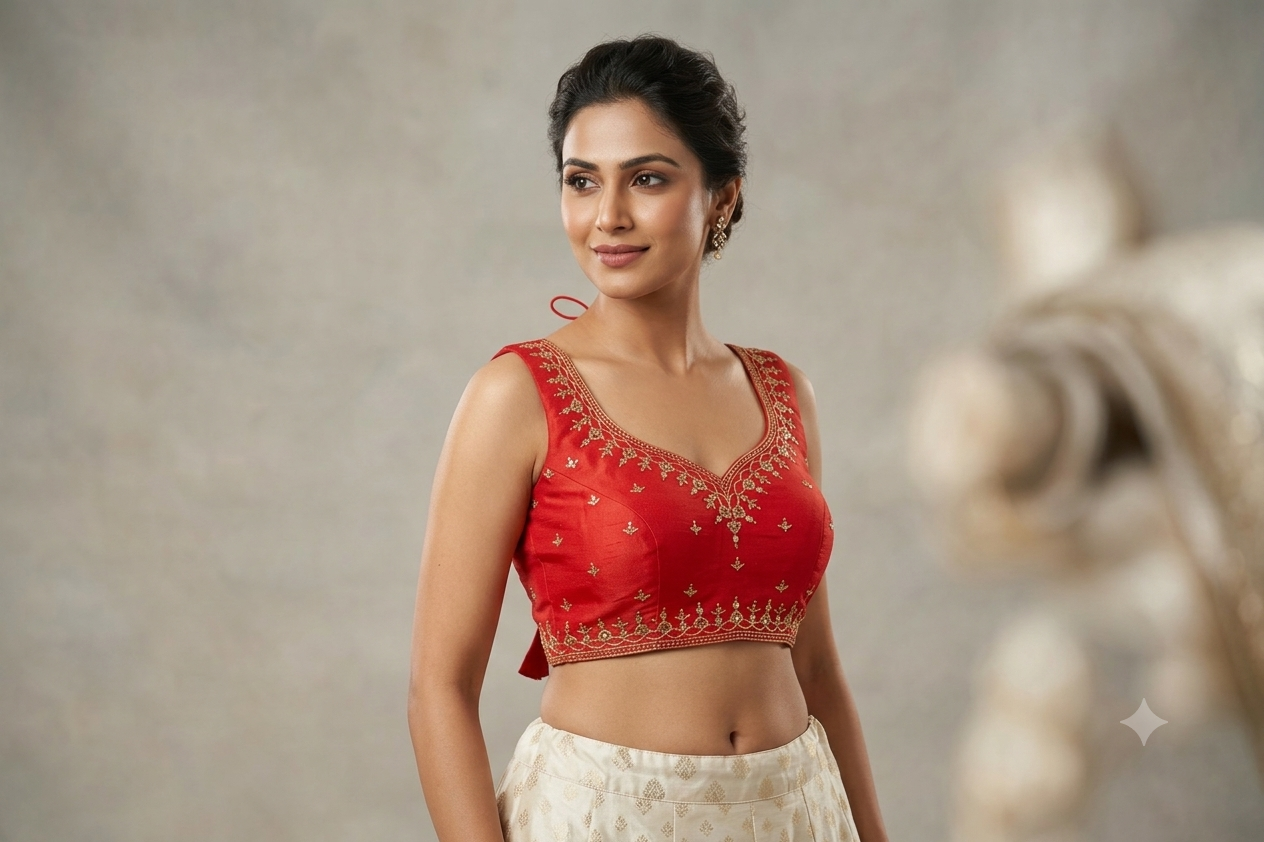 Women's Chanderi Silk Embroidered Saree & Midi Blouse | Readymade Blouse with Attached Sleeves | Red
