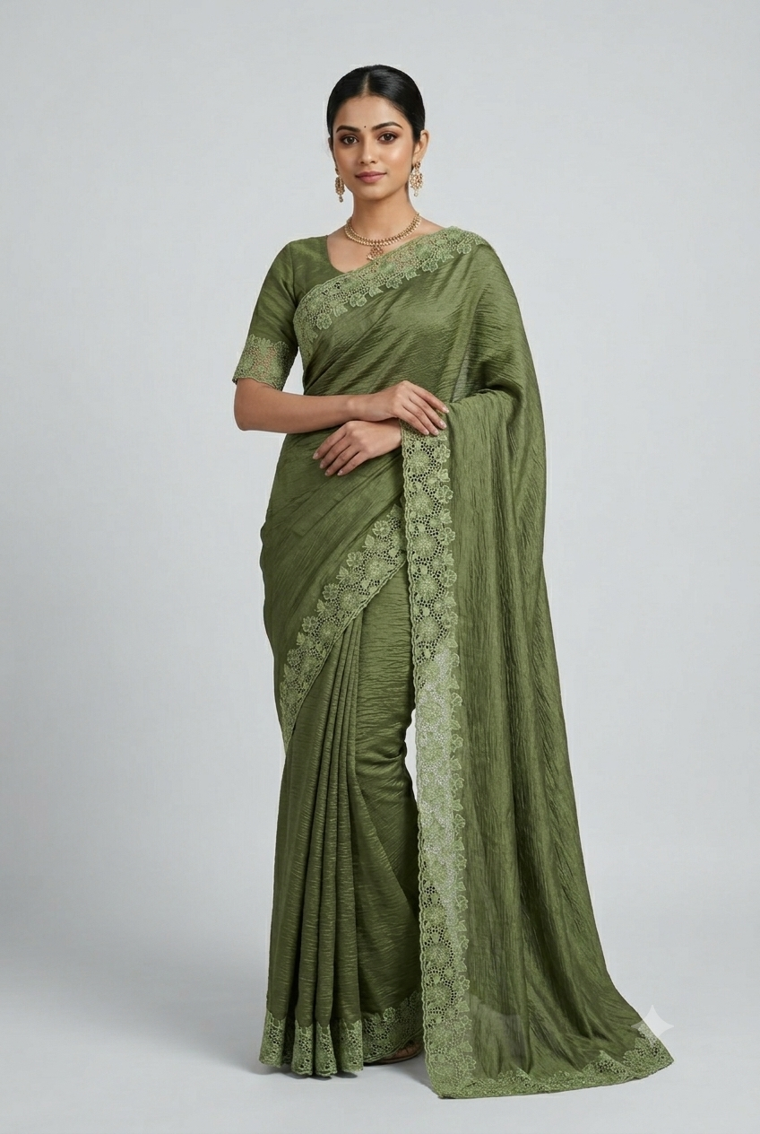 Elegant Crushed Organza Saree with Floral Lace Border – Premium Party & Occasion Wear