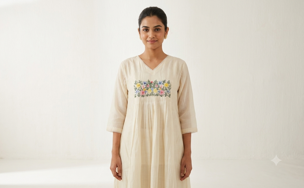 Women's Off-White Mul Chanderi Embroidered A-Line Kurti Top | Floral Embroidery | 3/4 Sleeves