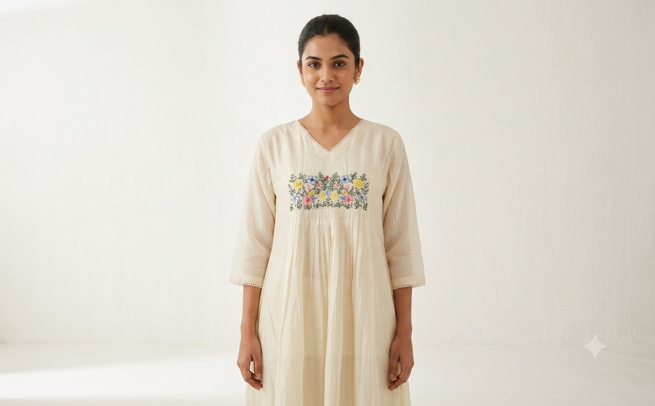 Women's Off-White Mul Chanderi Embroidered A-Line Kurti Top | Floral Embroidery | 3/4 Sleeves