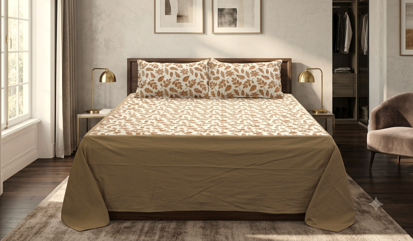 King Size Cotton Bedsheet with 2 Pillow Covers – White & Beige Leaf Print