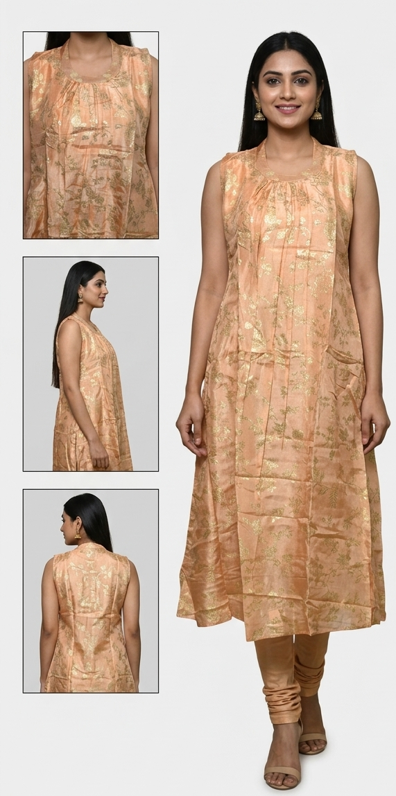 Women's Brocade Churidar Top with Gold Floral Weaving | Sleeveless Kurti Top with Sleeve Material Included