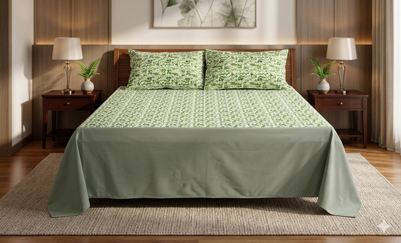 Green Leaf Printed King Size Bedsheet with 2 Pillow Covers