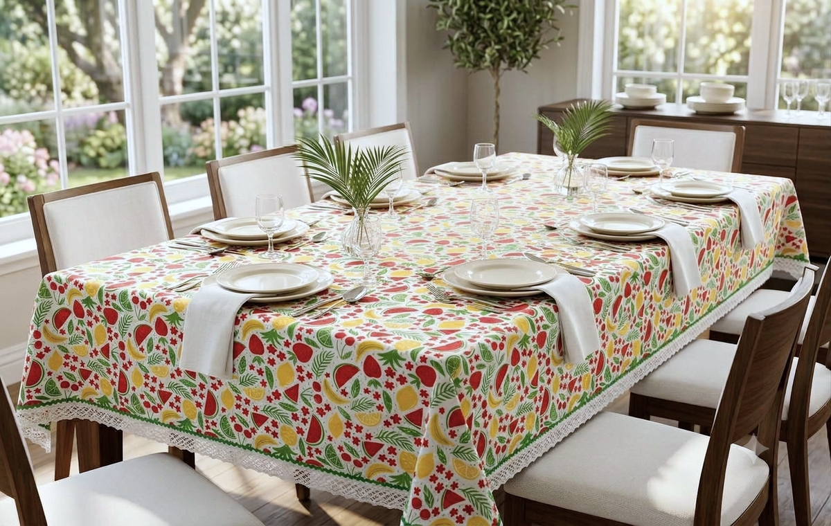 Colorful Fruit Print Table Cloth with Green Border & White Lace – Nushio by Pulpel