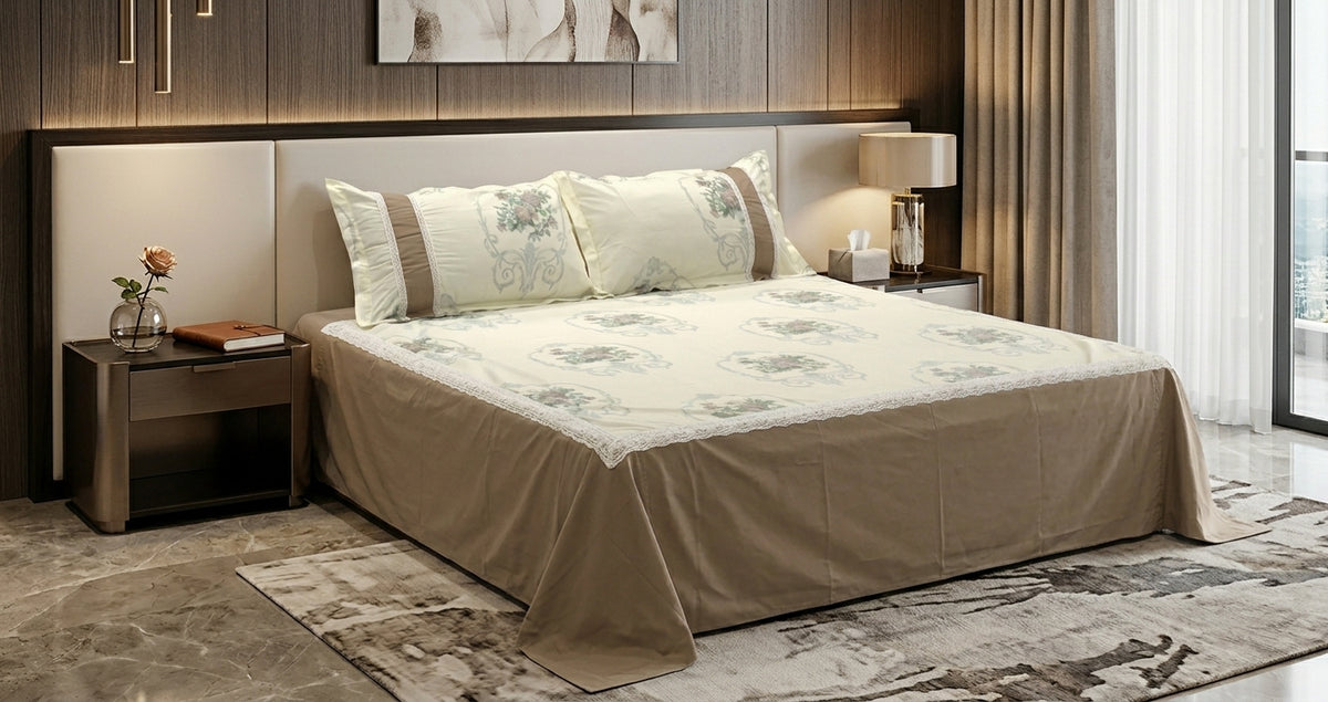 Elegant Cotton Blend Bedspread with Floral Print & Lace Border – 100 × 104 Inches