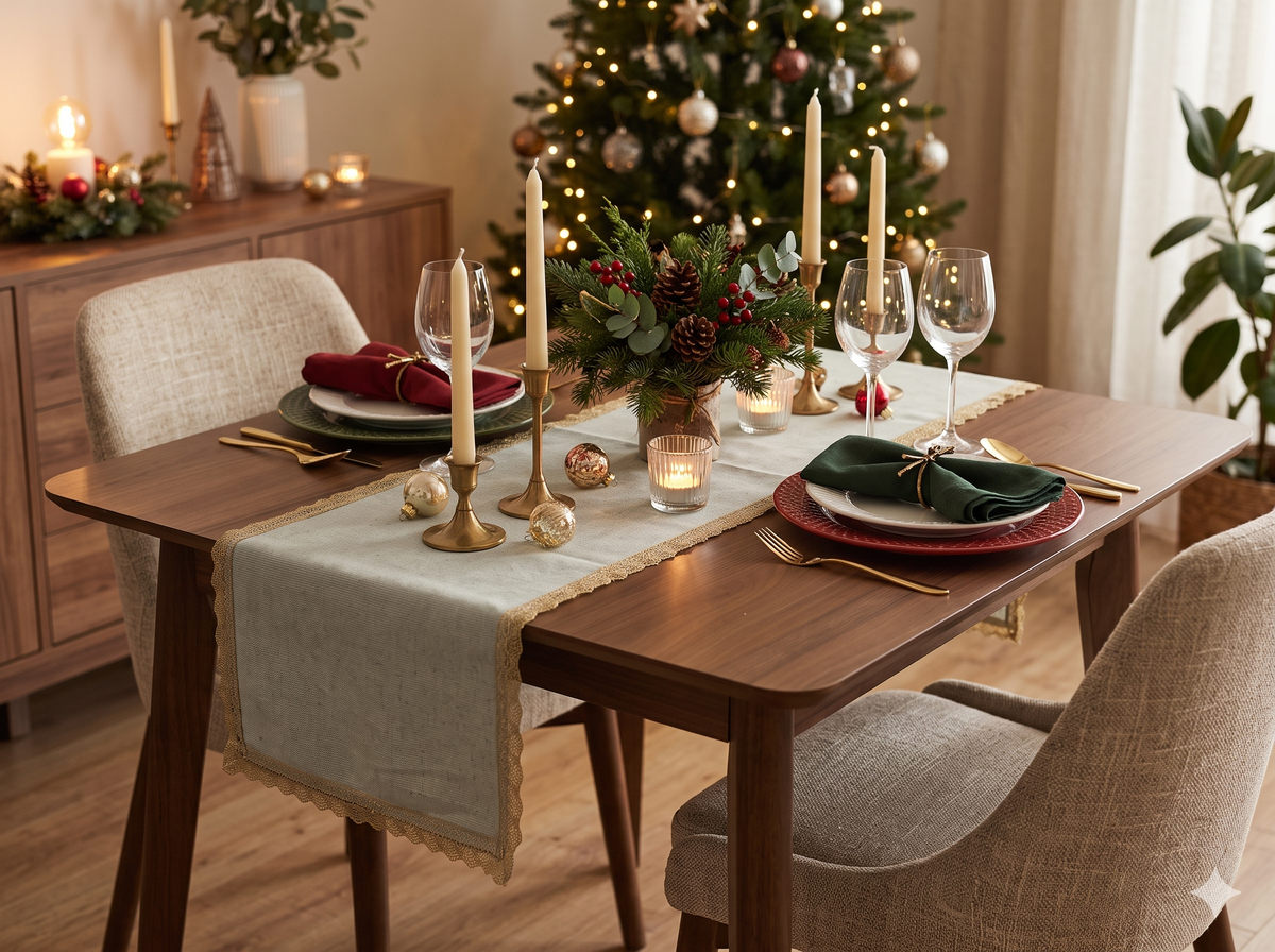 Elegant Beige Table Runner with Golden Lace Border – 125 × 35 cm