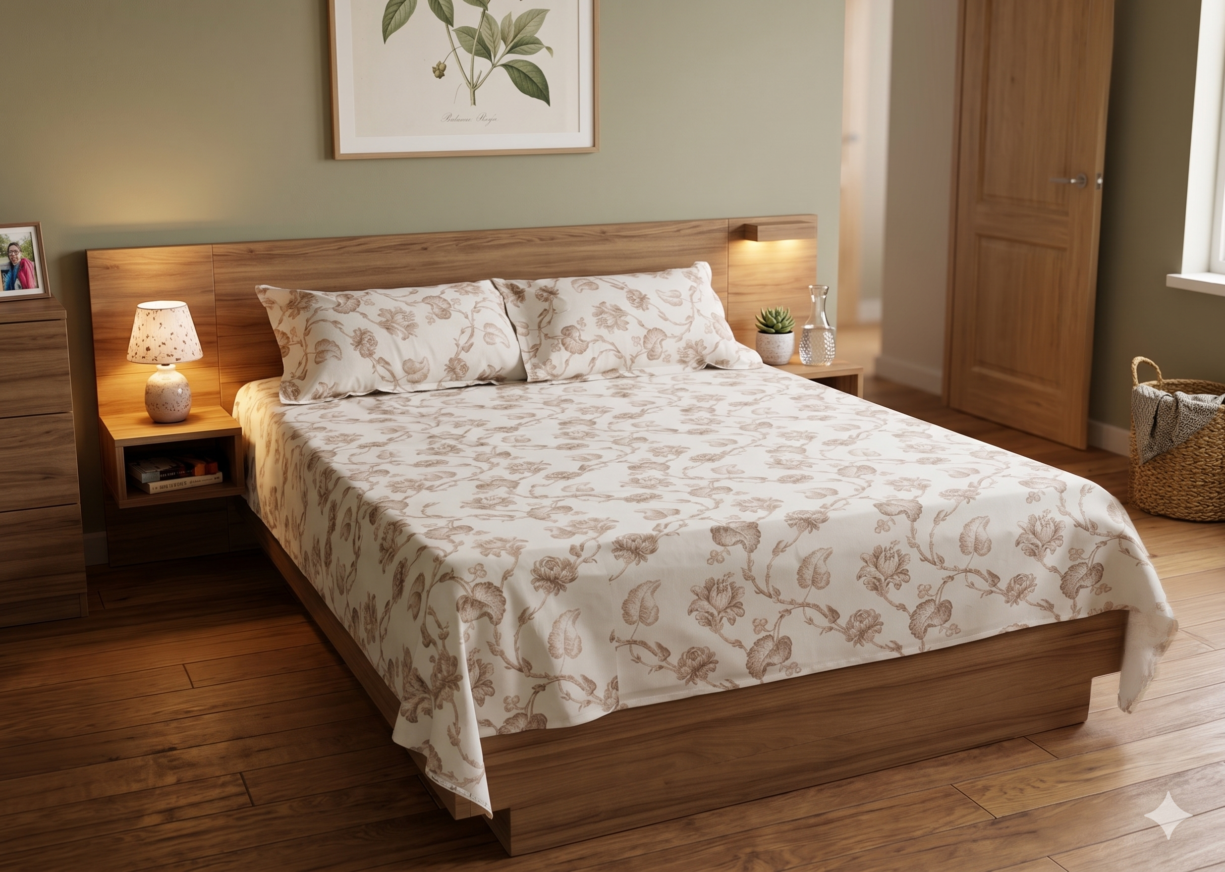 Elegant Floral Queen Size Bedsheet with Pillow Covers – Soft Cotton Blend Bed Linen