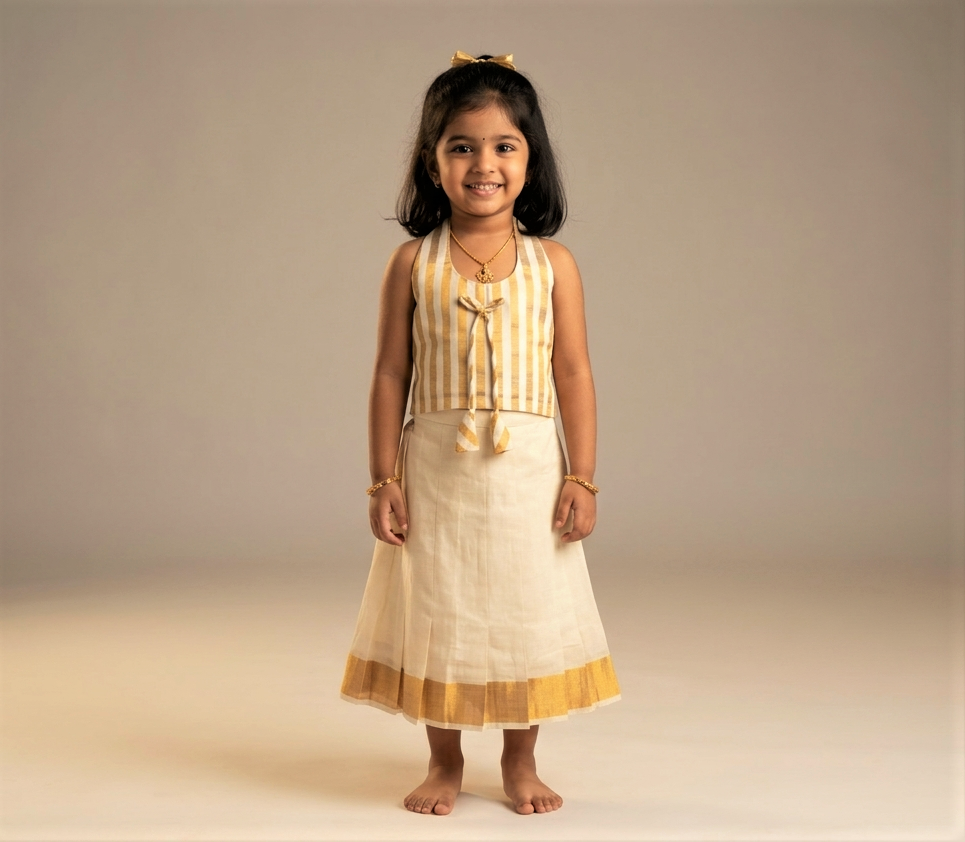 Girls Kerala Traditional Kasavu Skirt & Blouse Set | Off White Traditional Ethnic Wear | Golden Stripe Blouse | Festive Outfit