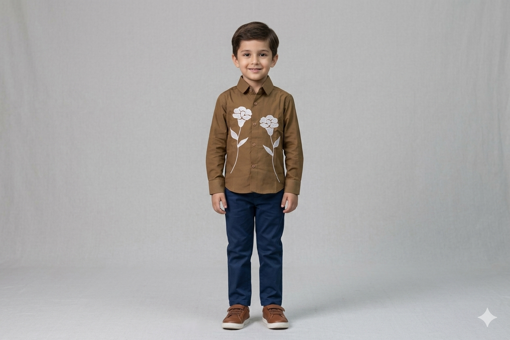 Kids Brown Floral Embroidered Full Sleeve Shirt