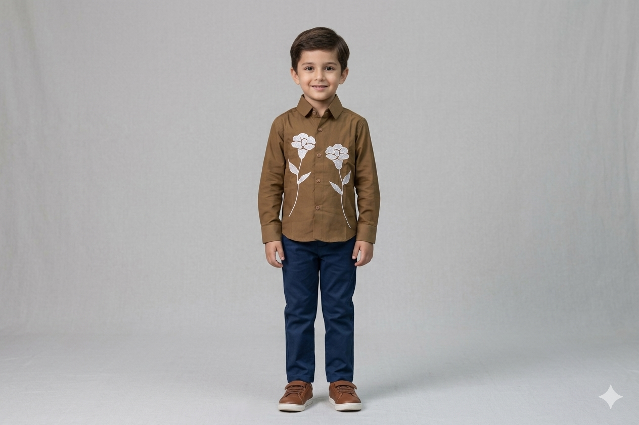 Kids Brown Floral Embroidered Full Sleeve Shirt