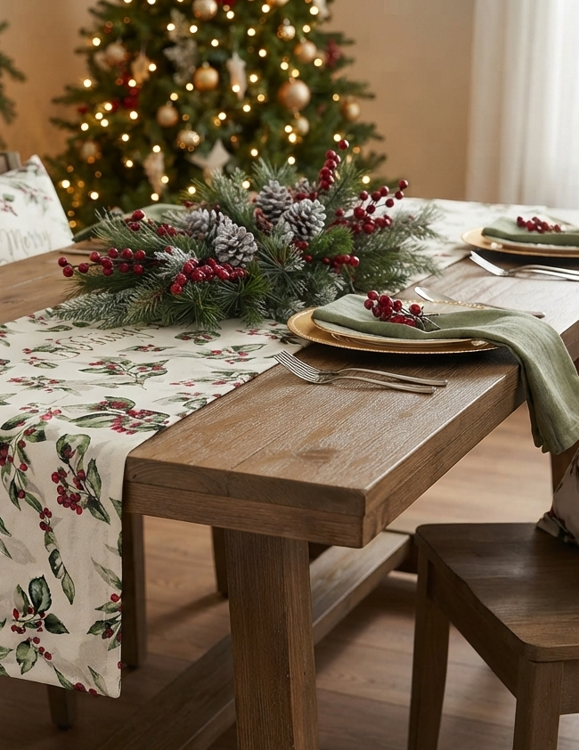 Christmas Holly Berry Printed Fabric Running Material – 60 Inch Wide | Table Cloth, Table Runner & Cushion Cover Fabric