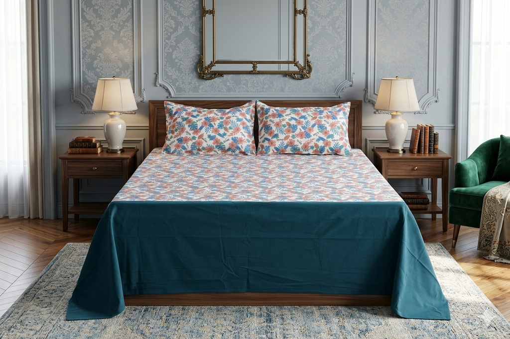 King Size Floral Print Bedsheet with 2 Pillow Covers – White &Teal Botanical Design