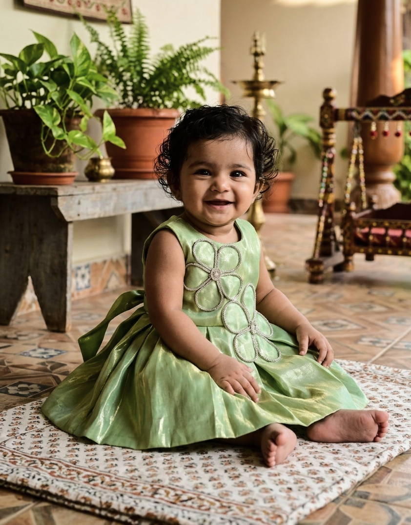 Olive Green Fancy Baby Girl Frock with Decorative Floral Embellishments