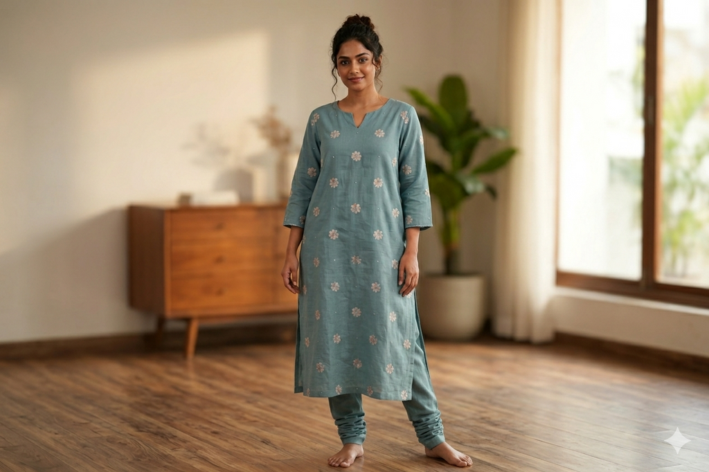 Sea Green Semi Linen Dress Material Set with Floral Embroidery – 44" Width