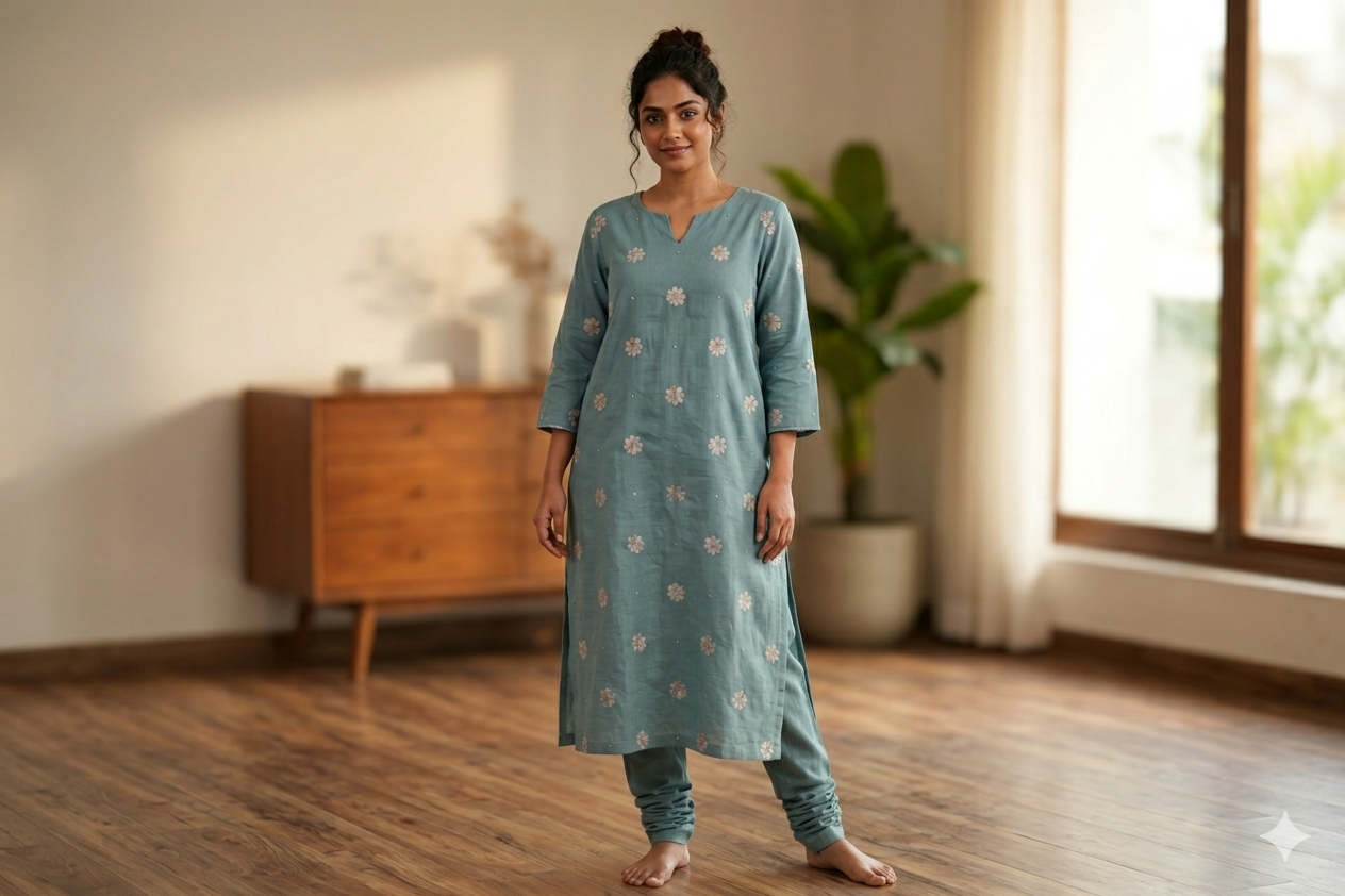 Sea Green Semi Linen Dress Material Set with Floral Embroidery – 44" Width