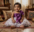 White and Purple Fancy Baby Girl Frock with Polka Dot Print and Satin Bow