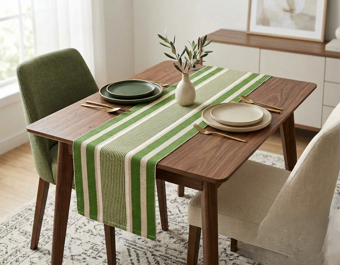 Green & Cream Striped Table Runner – 120 × 35 cm