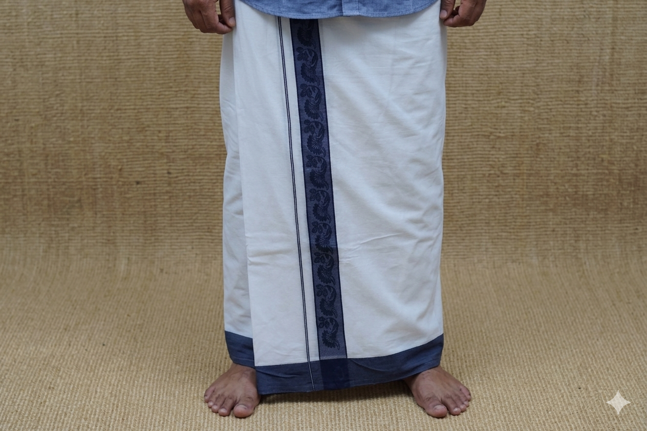 Premium White Cotton Double Mundu with Navy Blue Kasavu Border