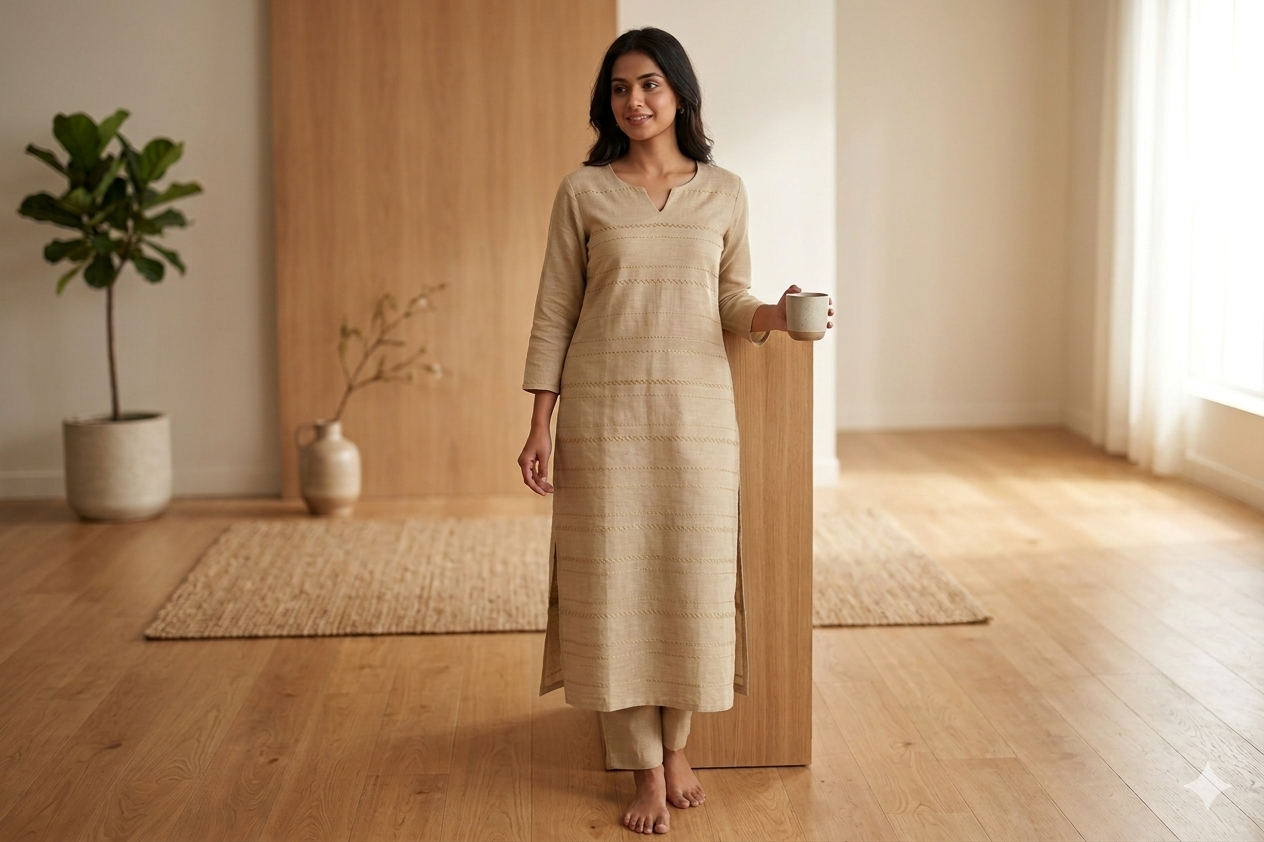 Elegant Beige Semi Linen Dress Material Set (Top & Bottom) – 44" Width