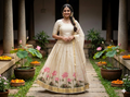 Elegant Lotus Print Tissue Dress Material Set with Saree, Top & Skirt Fabric – Cream & Gold