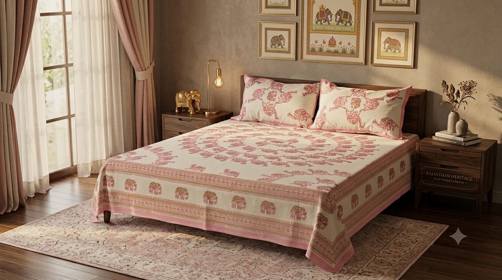 Queen Size Cotton Bedspread 90 × 100 Inches – Pink Elephant Printed Design