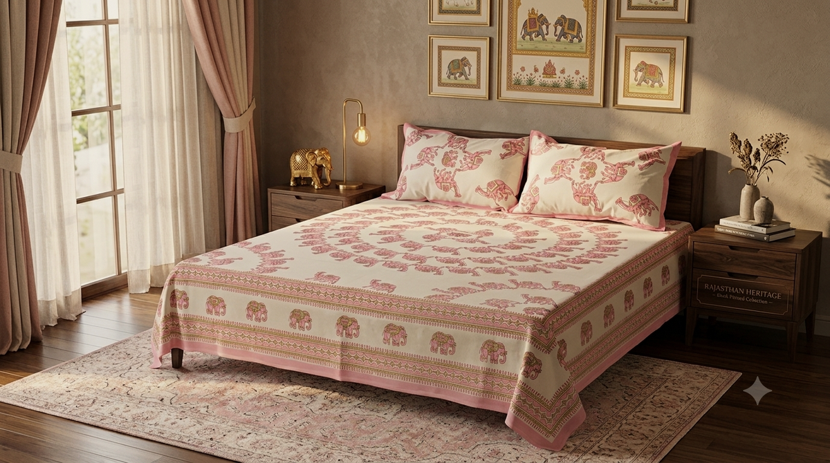 Queen Size Cotton Bedspread 90 × 100 Inches – Pink Elephant Printed Design