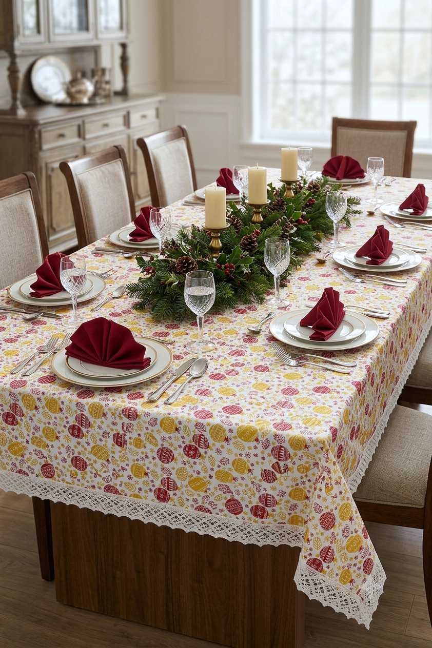 Festive Red &Yellow Christmas Print Tablecloth with White Lace – Nushio by Pulpel