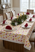 Festive Red &Yellow Christmas Print Tablecloth with White Lace – Nushio by Pulpel