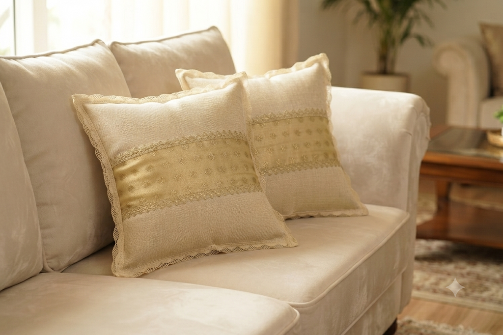 Premium Semi Jute Cushion Cover with Lace Border & Gold Woven Panel