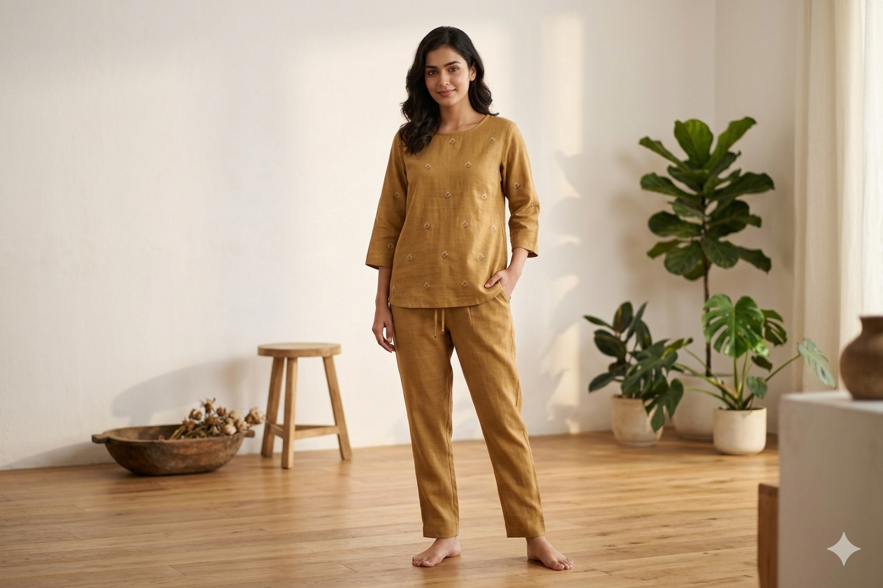 Elegant Brown Semi Linen Dress Material Set with Subtle Embroidery – 44" Width