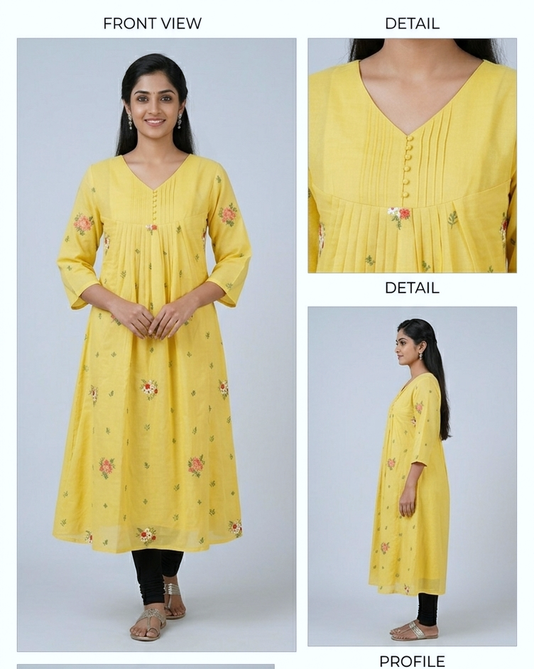 Yellow Floral Embroidered Flared Kurthi – Soft Cotton Casual Wear