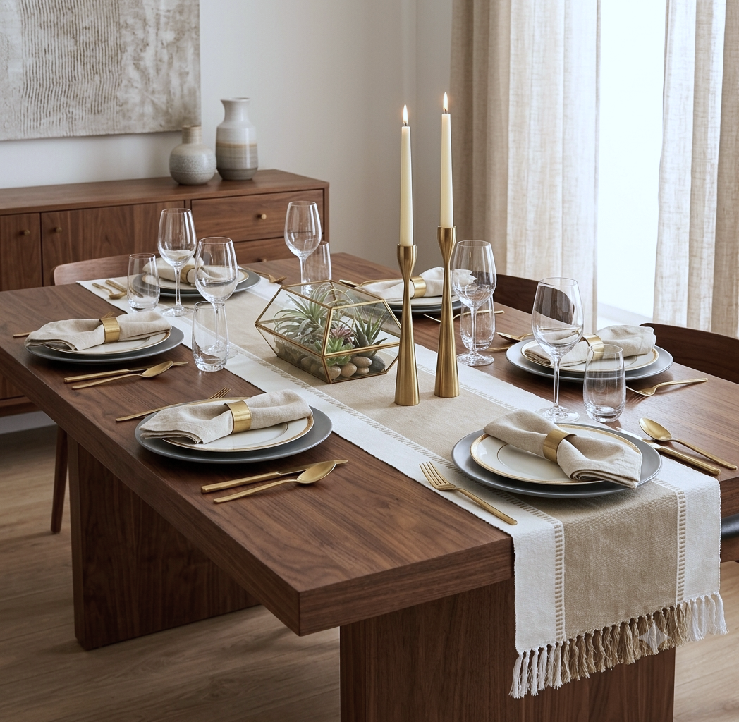 Elegant Beige & White Table Runner with Tassel Fringe – 190 x 40 cm