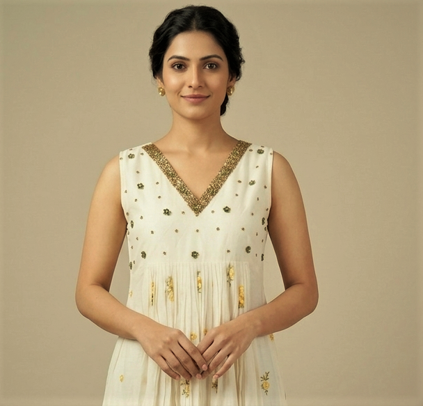Women's Embroidered Churidar Top with Beaded V-Neck – Off White | Top Only with Sleeve Material