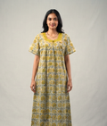 Women’s Cotton Full Length Nighty | Mustard Floral Printed Nightdress | XL