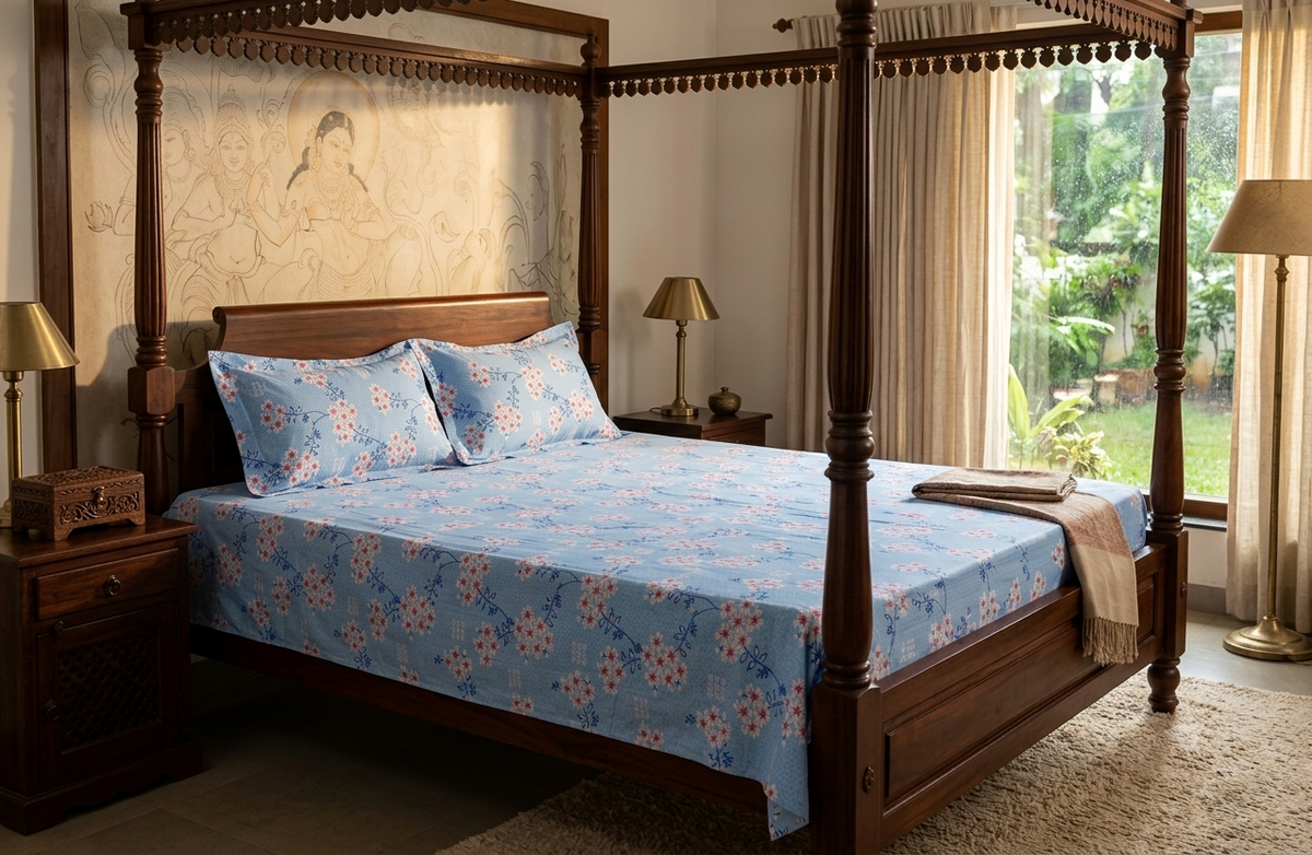 Sky Blue Floral Printed Queen Size Bedspread – 90 x 100 Inches