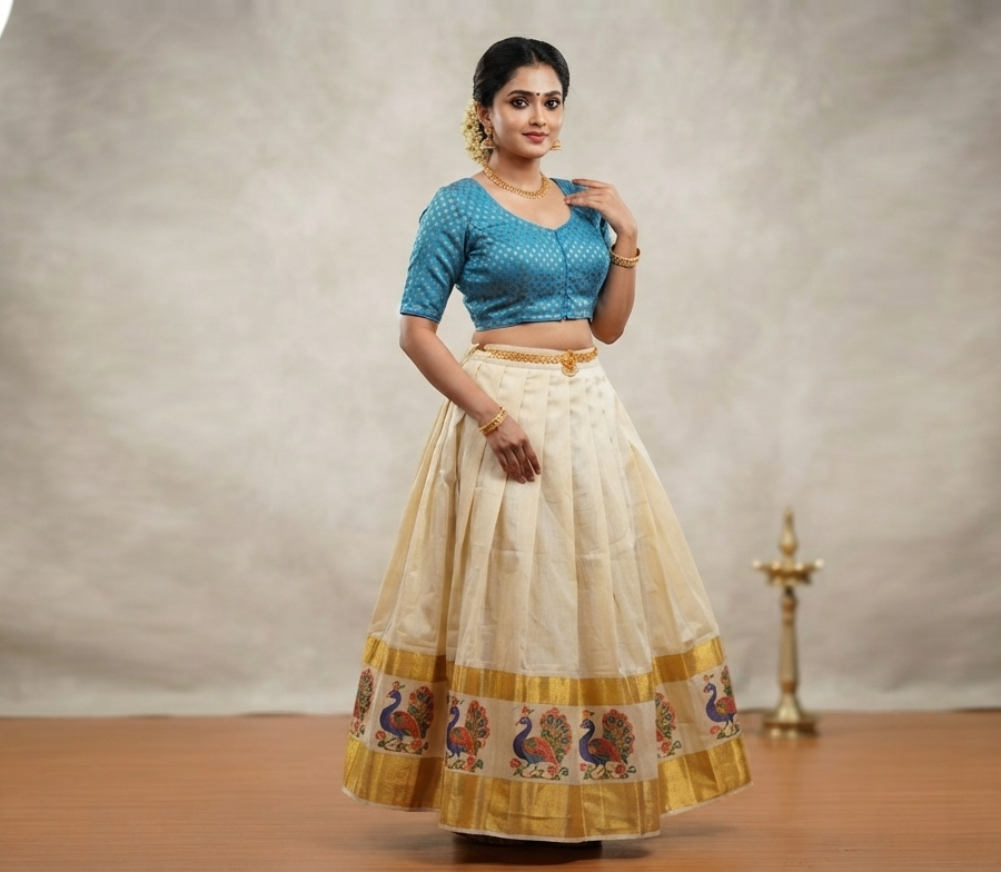 Blue Chanderi Silk Readymade Saree Blouse | Front Open | Gold Butta Design | Padded Blouse for Saree & Midi