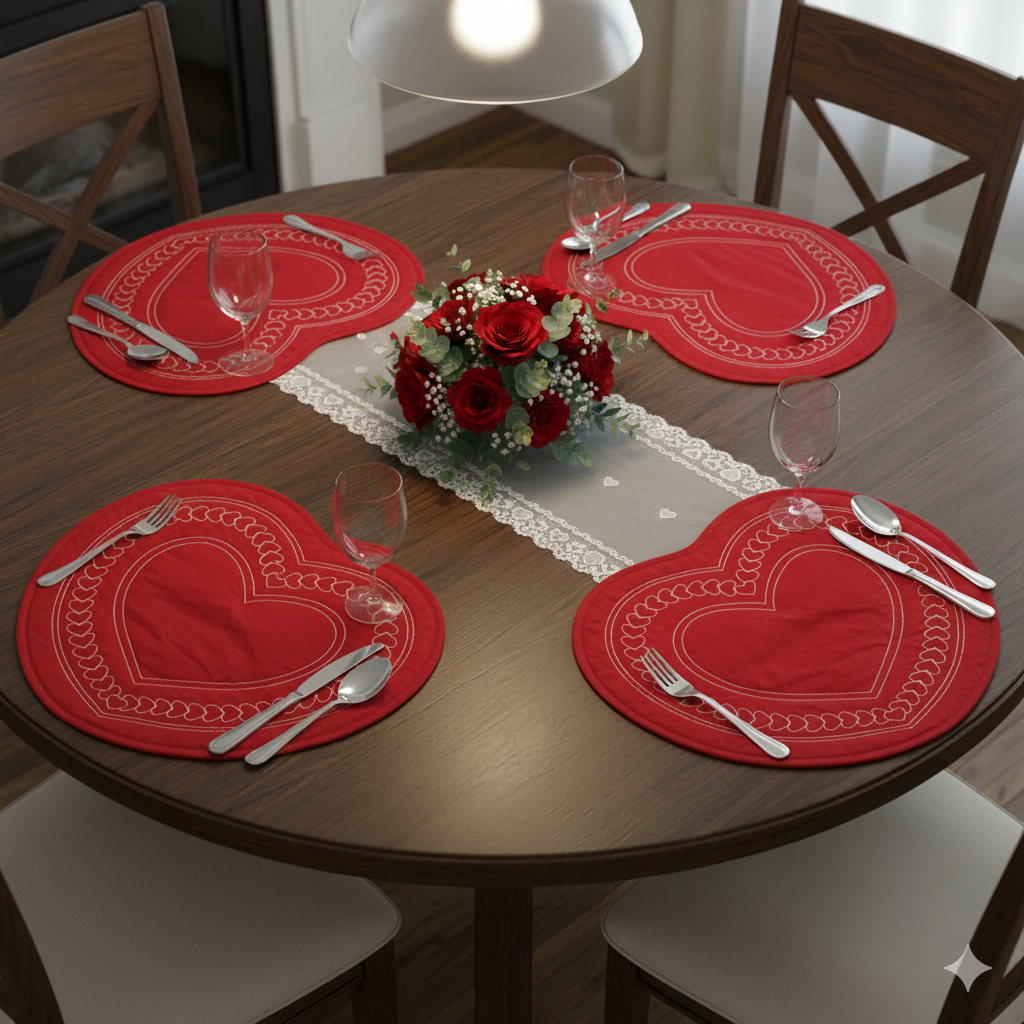 Red Heart-Shaped Table Mat with White Heart Embroidery | Decorative Dining Table Mat