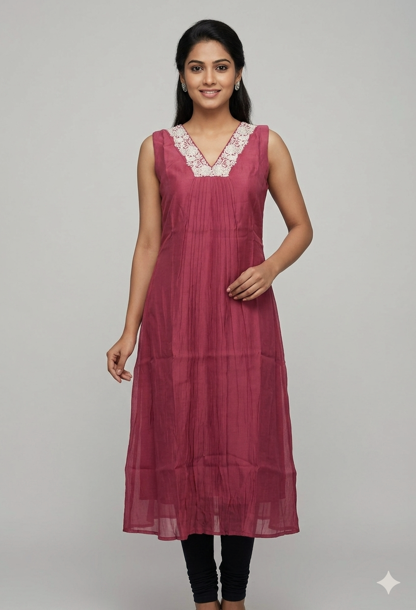 Elegant Wine Pink Flared Kurthi with Lace Neck Detail
