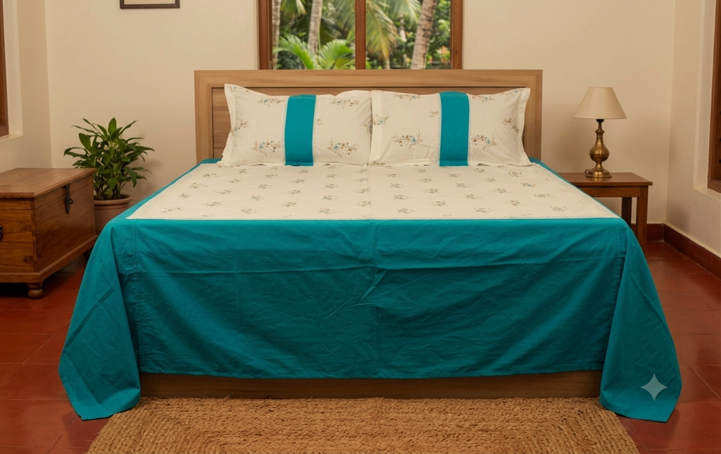 King Size White & Teal Floral Bedspread Set with Pillow Covers – 100" x 100"