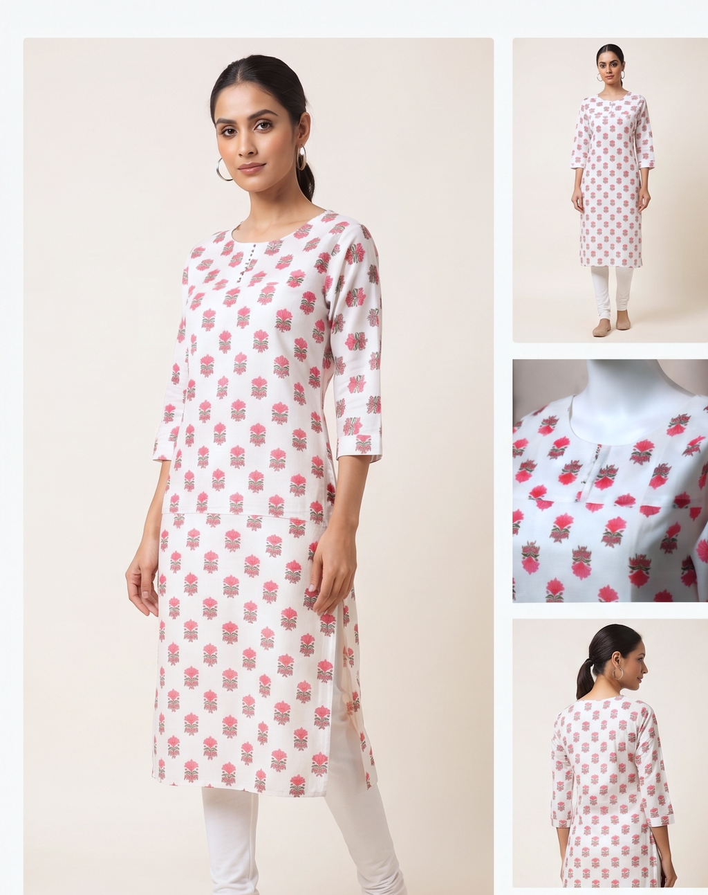 Women's White Floral Printed Churidar Top | Straight Fit 3/4 Sleeve Kurti (Top Only)