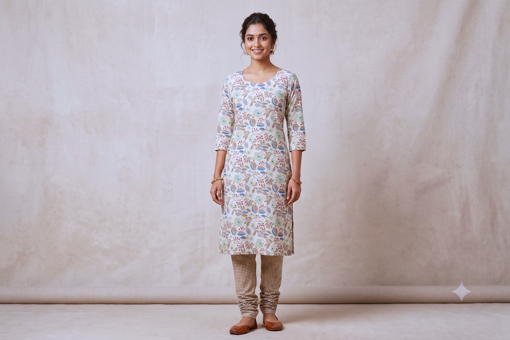 Soft Cotton Floral Print Dress Material Set – Cream & Brown | Top 2.5m + Bottom 2m | 44" Width