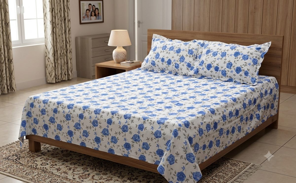 Queen Size blend Bedspread – Blue Floral Print with Matching Pillow Covers