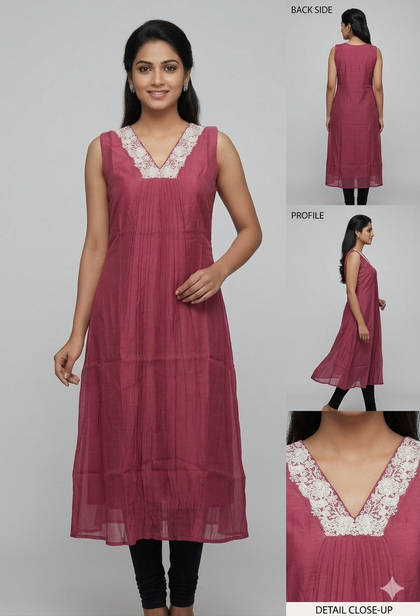 Elegant Wine Pink Flared Kurthi with Lace Neck Detail