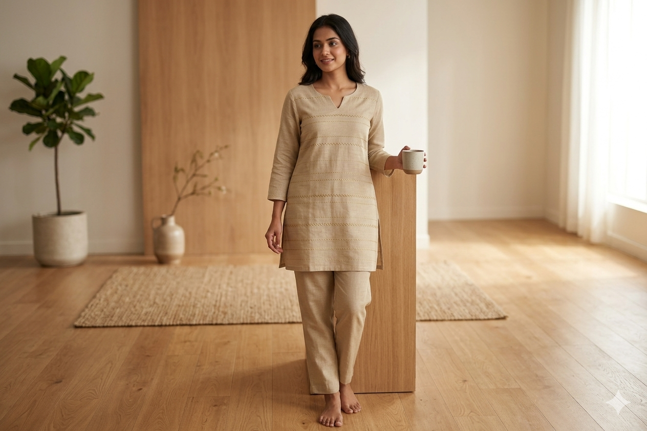 Elegant Beige Semi Linen Dress Material Set (Top & Bottom) – 44" Width