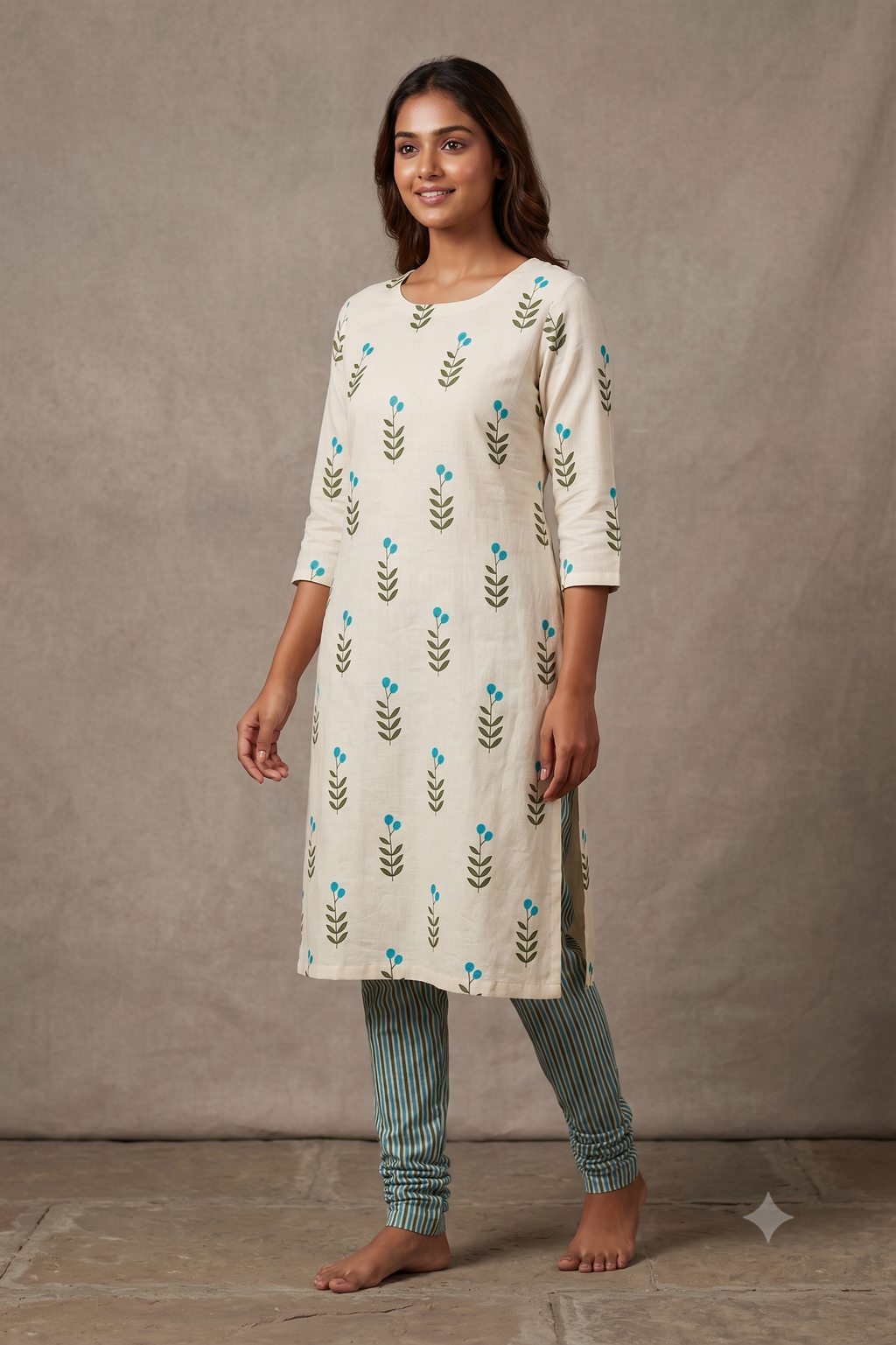 Blue Botanical Semi Linen Dress Material Set – Unstitched Top & Bottom Fabric