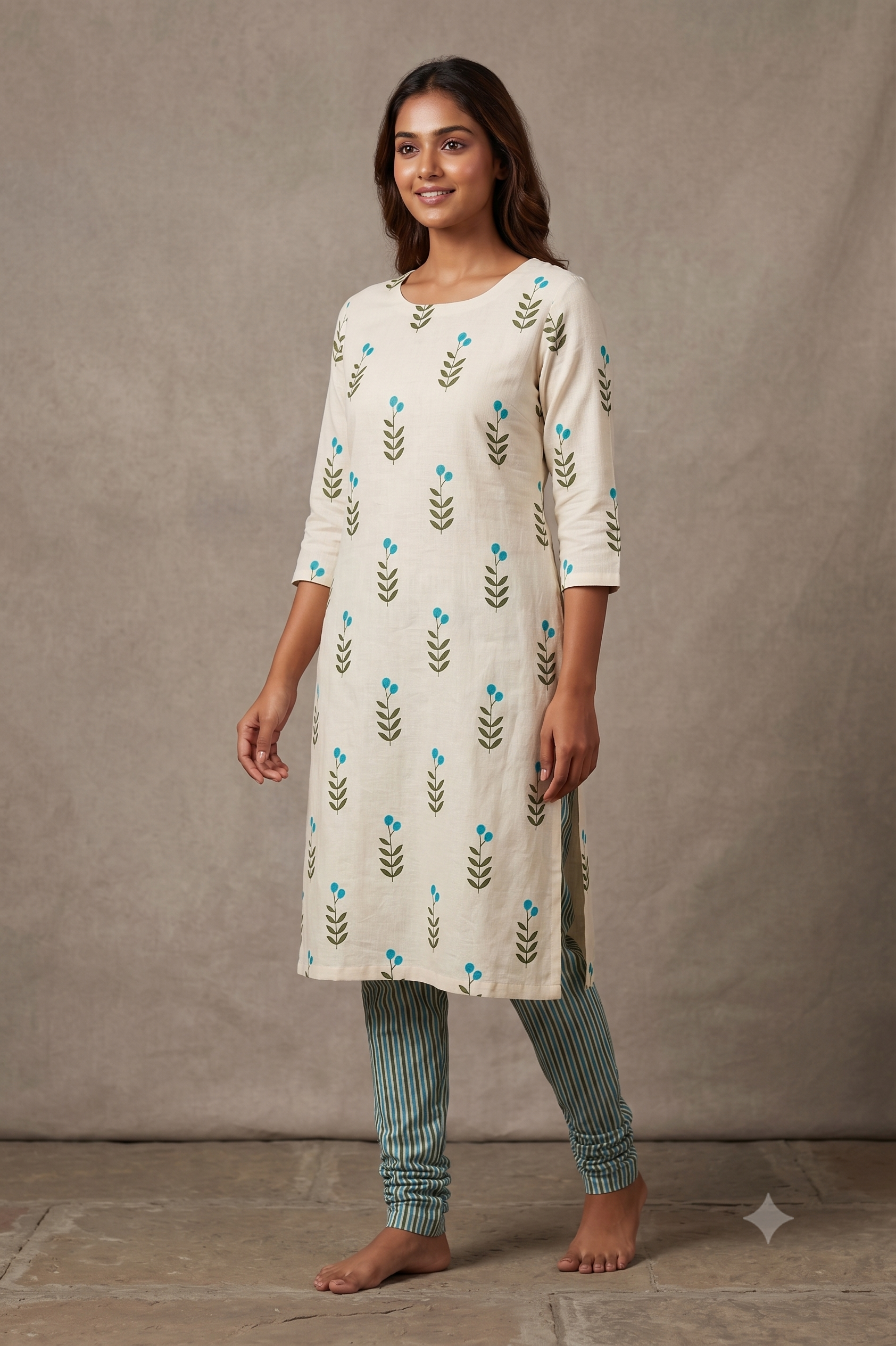 Blue Botanical Semi Linen Dress Material Set – Unstitched Top & Bottom Fabric
