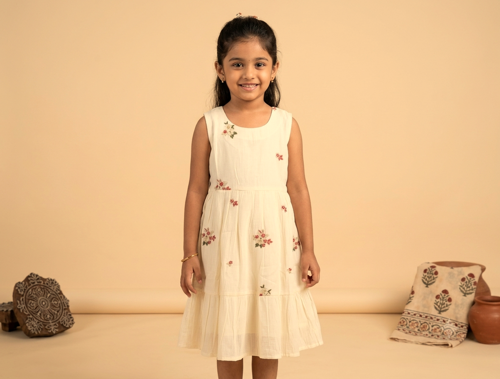 Girls Cream Floral Embroidered Frock with Inner Sleeves – Elegant Party Wear Dress
