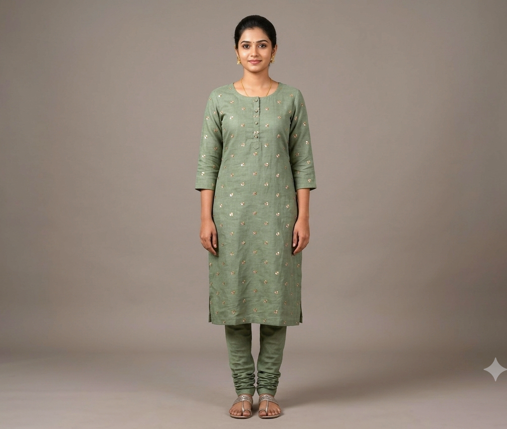 Green Semi Linen Dress Material Set with Floral Butta | Top & Bottom Fabric | 44" Width