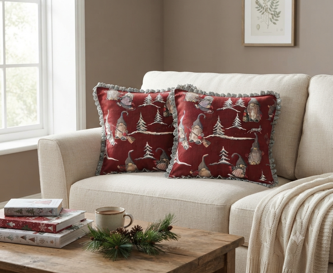 Christmas Gnome Printed Cushion Cover with Lace Border – 16×16 Inch